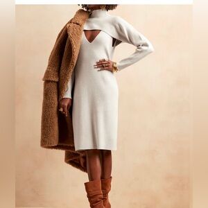 Banana Republic Cream Cutout Sweater Dress with Tan Coat Styling